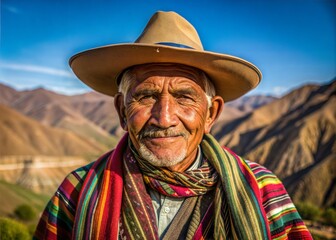 Fototapeta premium Portrait of Quechua Man in Traditional Hat Stock Photo