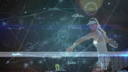 female tennis player swinging racket with floating ball on court, overlaying technology graphics - Powered by Adobe