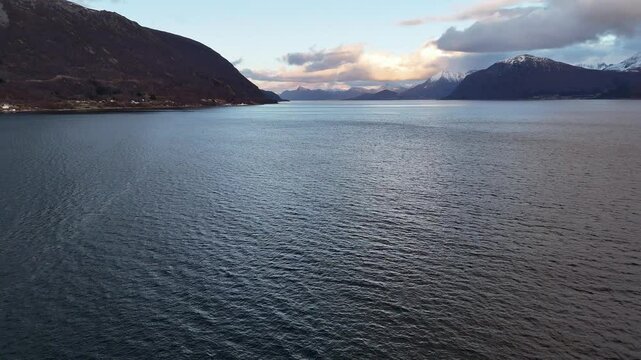 Aerial view of Sulafjorden stretching between Hareid and Sula islands near Alesund, Norway
