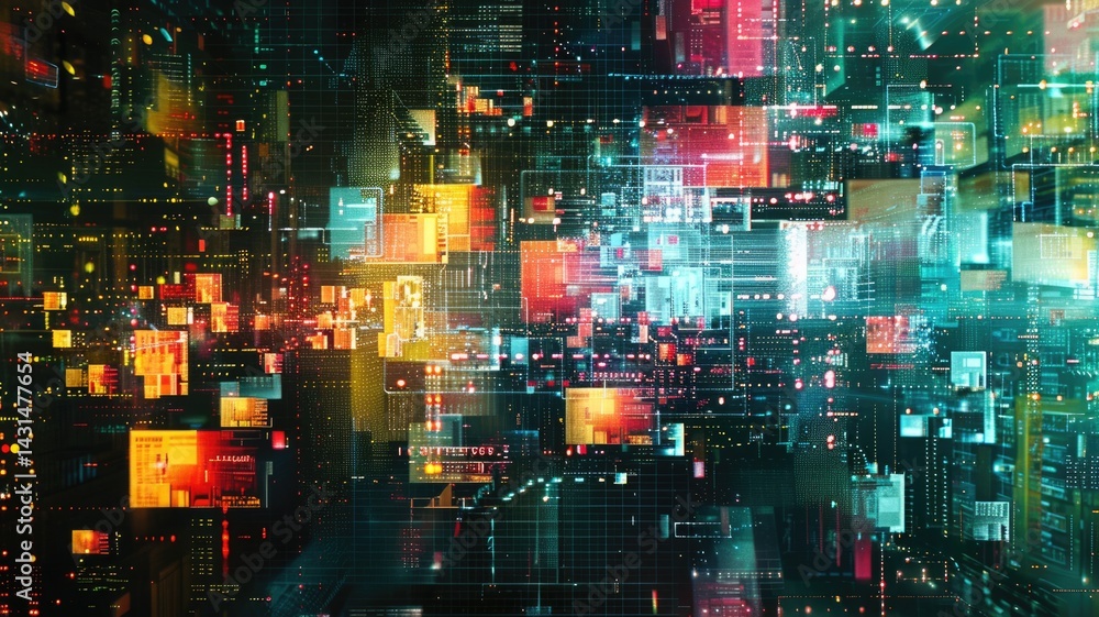 Poster abstract circuit lines in vibrant colors on a dark background. digital artwork of vibrant color glow