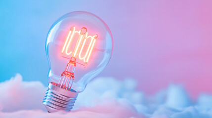 A vibrant neon light bulb glows brightly in pink and blue hues. Soft clouds surround the base, evoking a dreamy and creative mood in the environment