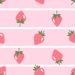 Seamless pattern of strawberry with green leaves on white stripe on pink background vector. 