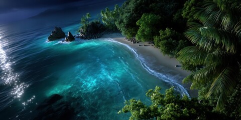 Obraz premium Tropical beach at night with moonlight illuminating the water and lush greenery surrounding the shore