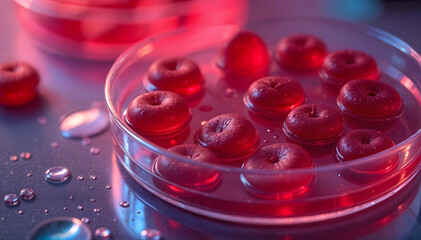 A macro photograph of a cluster of red blood cells