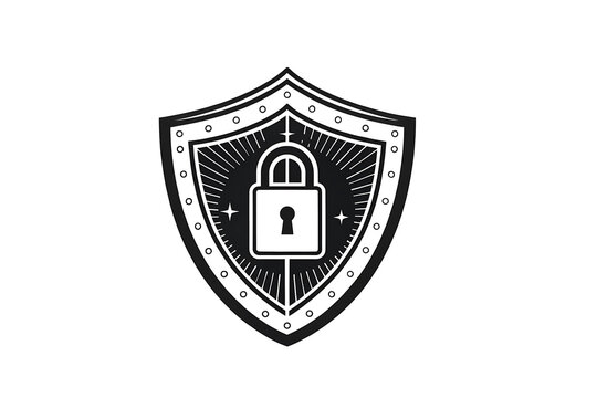 Secure your data with this strong shield emblem a powerful symbol of protection a locked padlock within a vintage style shield black and white graphic design simple yet effective visual representation
