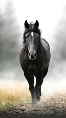 Black horse running through misty meadow on a cool morning in early spring
