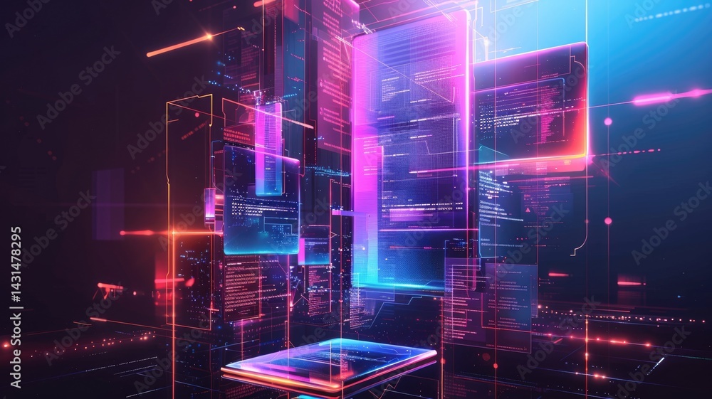 Poster smartphone displaying futuristic user interface with holographic elements. data analysis popping up 