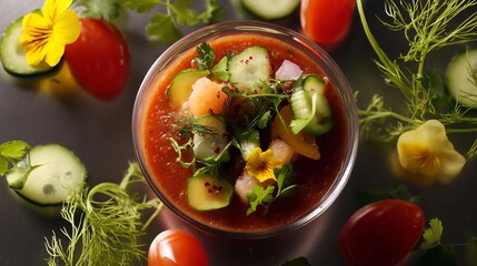 Chilled Gazpacho Soup in a Clear Bowl Garnished With Fresh Vegetables and Herbs