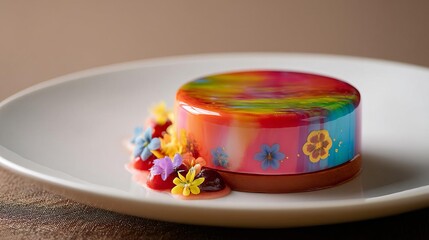 Exquisite Dessert With Vibrant Mirror Glaze Showcasing Floral Decorations on a Plate