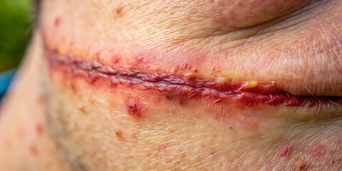Fototapeta premium Close-up Candid Photo of a Scar, Healing Process, Skin Texture, Human Body, Natural Light