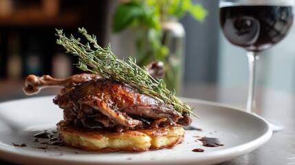 Glistening Duck Confit Served Atop a Crispy Potato With Herbs and a Glass of Wine