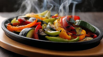 Grilled Vegetable Platter Showcasing Vibrant Peppers and Zucchini on a Sizzling Plate