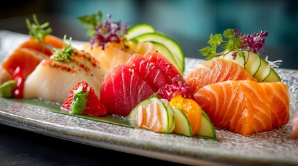 Glistening Sashimi Slices Beautifully Arranged on an Elegant Platter With Fresh Garnishes