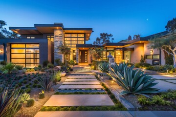 Fototapeta premium Modern house exterior at night with illuminated garden pathway and landscaping