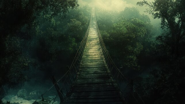 Fototapeta Jungle rope bridge, misty forest, adventure, exploration