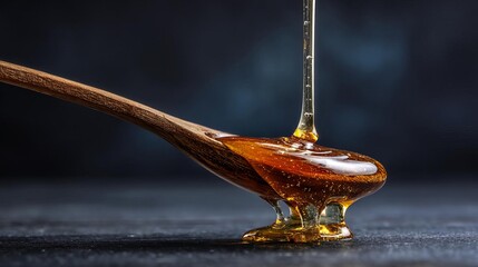 Rich Golden Honey Drips Slowly off a Wooden Spoon Creating a Sweet and Sticky Allure