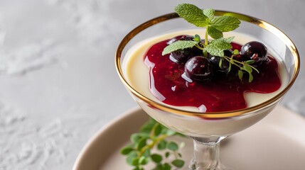 Silken Panna Cotta Topped With Berry Reduction and Fresh Mint Leaves in a Dessert Presentation