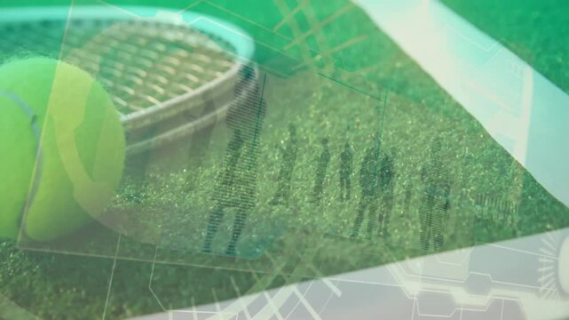 Neon yellow tennis ball resting on green grass court, showing racket strings and digital overlays