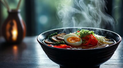 Delicious Bowl of Steamy Ramen With Toppings in a Cozy Setting