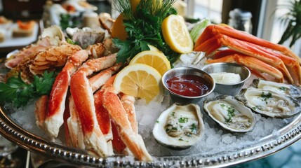 Sumptuous Seafood Platter Filled With Fresh Oysters and Crab at a Festive Gathering