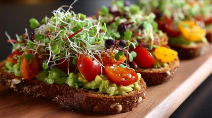 Vegan Avocado Toast Topped With Fresh Vegetables Served at a Cozy Café in the Morning