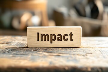 Impact in Focus: A close-up shot of a wooden block engraved with the word "Impact," sitting on a rustic wooden surface, symbolizing influence and consequence.