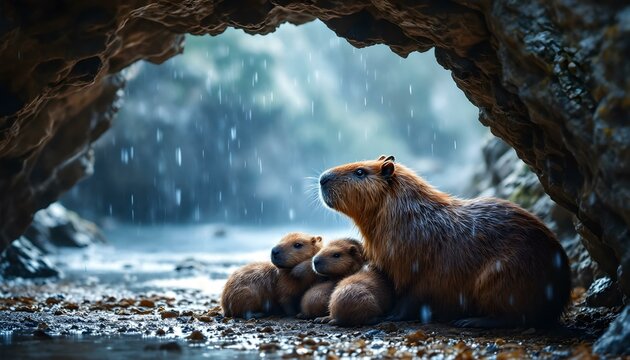 Capybara in snowy winter landscape with serene and playful moments