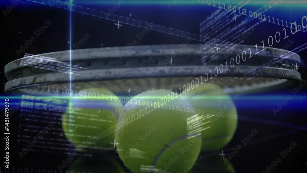 Poster tennis racket head hovering above three balls on reflective surface with binary code and grid lines