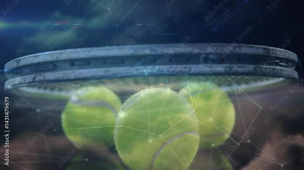Poster floating racket head hovering above three neon tennis balls on surface with swirling network lines