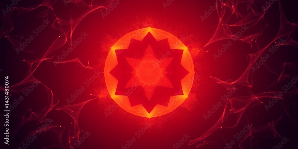Poster abstract red background with a central star shape surrounded by glowing filaments swirls