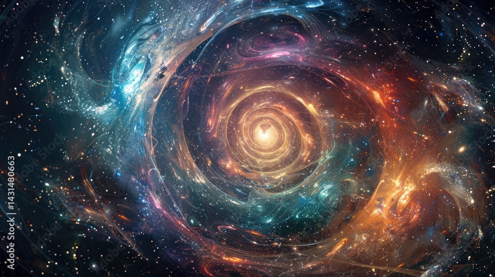 Poster abstract cosmic scene with swirling colors and celestial elements. digital artwork of planet and clo