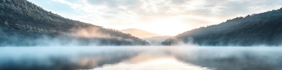 Fototapeta premium A dreamy river landscape with misty hills and soft morning light, with the uncluttered sky providing a seamless space for call-to-action text.