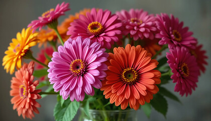 Colorful Gerbera Daisies Arranged in a Vase, Showcasing Vibrant Hues of Pink, Orange, and Yellow in a Fresh Floral 