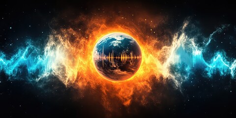 Obraz premium Fiery planet engulfed in cosmic energy waves. Opposing forces of fire and ice surround the globe