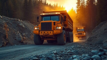 Heavy-duty trucks traversing a quarry at sunset