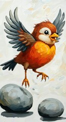 A cartoon representative of the Aegithinidae family flits merrily from one gray pebble to another