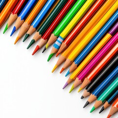 Obraz premium Diagonal Display of Vibrant Colored Pencils on White Background for Creative Projects