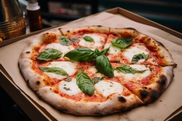 neapolitan pizza margharita served in a cardboard box at home