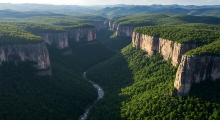 Majestic Canyon with Lush Green Vegetation. The photo captures a breathtaking landscape of a deep canyon with towering rock faces and dense, green vegetation
