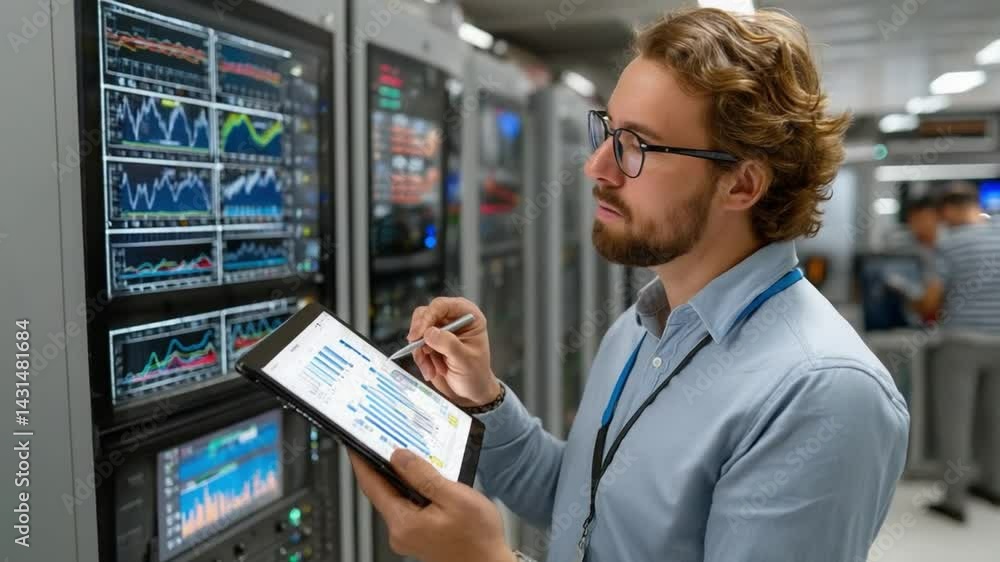 Poster data center professional: a focused professional meticulously examines data displayed on a digital t