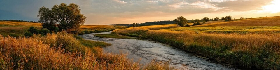 Fototapeta premium A picturesque countryside scene with a river flowing through golden fields, under a soft sky that leaves room for advertising or storytelling.