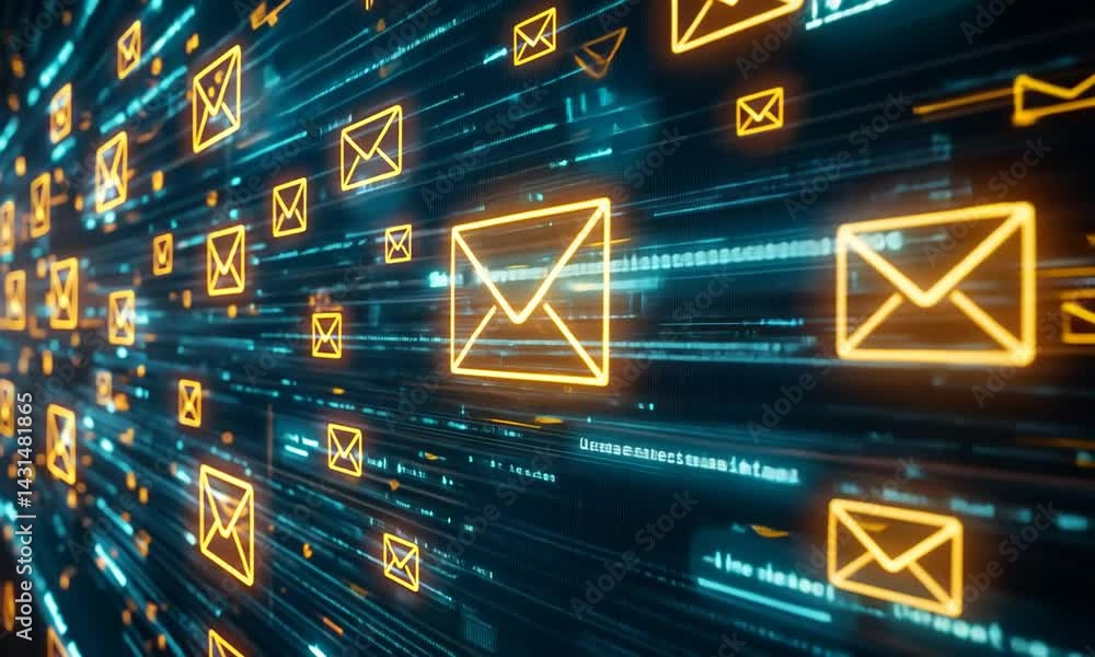 Poster digital representation of email communication with glowing envelopes against a dynamic background