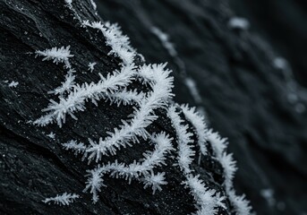 Intricate Frost Needles on Dark Wood Grain