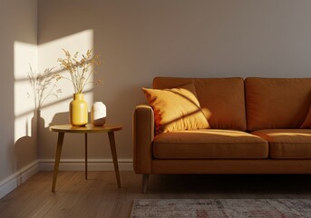 Living room interior with yellow sofa, table and vases in natural light