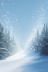 Snow falling on path through pine trees forest, wintertime backgrounds.