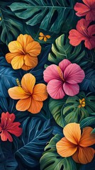 Fototapeta premium Colorful flowers and green leaves on a dark background create a vibrant pattern.