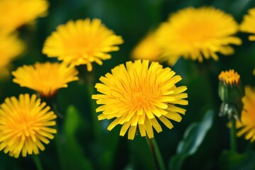Naklejka premium Vibrant yellow dandelions blooming in lush green garden