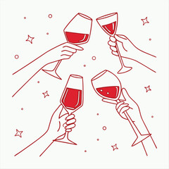 Romantic Cheers with Red Wine &ndash; Hand-drawn Illustration of Toasting Glasses and Hearts.