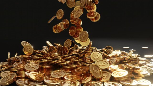 3D render of British pound coins falling and piling up on a dark surface, symbolizing wealth, currency, financial success, or digital economy.
