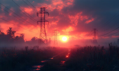 Fototapeta premium Serene sunset over a misty landscape with power lines silhouetted against vibrant skies